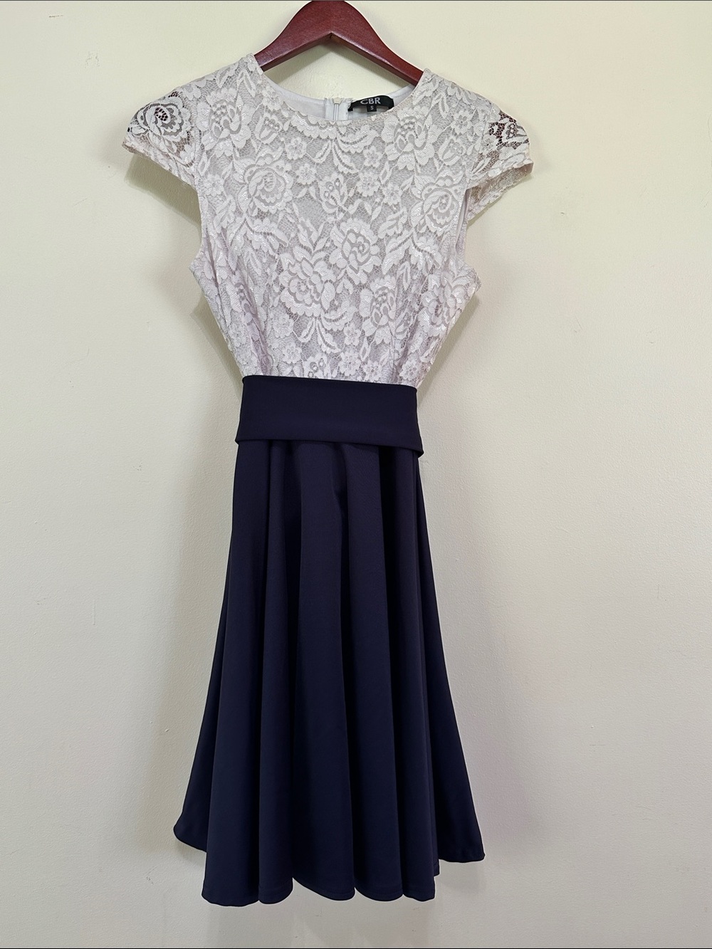 CBR White Lace Top Navy Midi Fit-and-Flare Dress